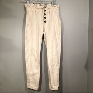 Free People Womens Jean 4 Beige Striped Paperbag Denim Boho Button Fly Crop